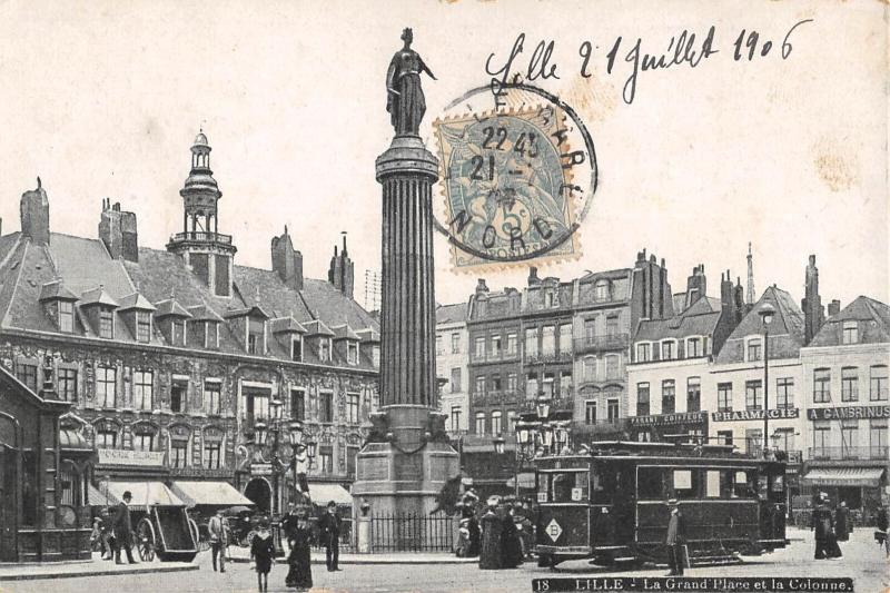 Carte postale ancienne Lille - La Grand Place Et La Colonne - Tramway à Lille