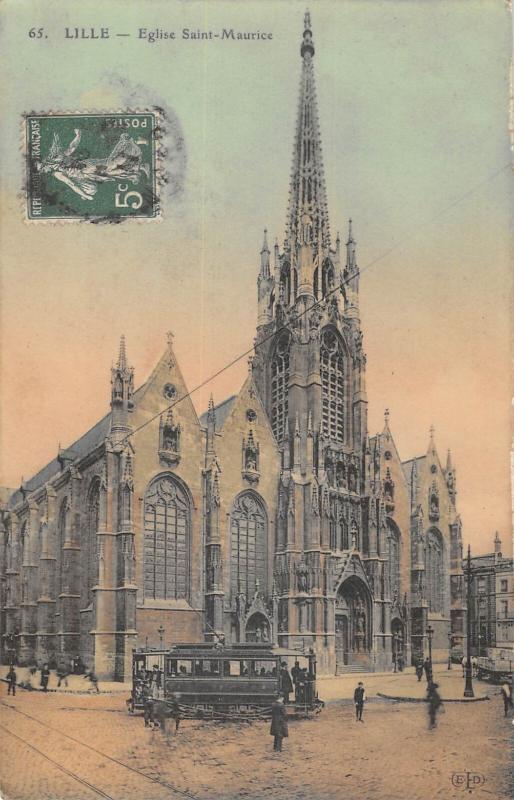 Carte postale ancienne Lille - Eglise Saint Maurice - Tramway à Lille