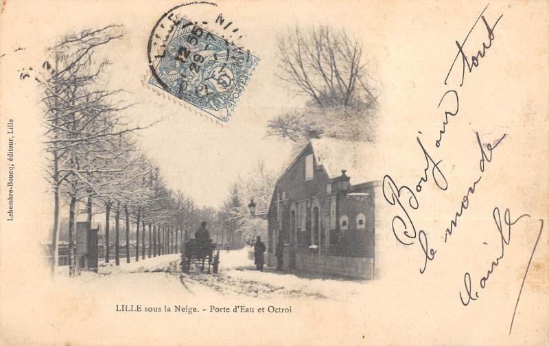 Carte postale ancienne Lille Sous La Neige - Porte D'Eau Et Octroi à Lille
