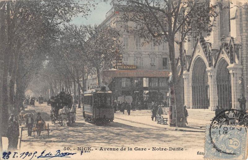 Carte postale ancienne Nice - Avenue De La Gare - Notre Dame - Tramway - Diligence à Nice