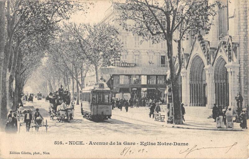 Carte postale ancienne Nice - Avenue De La Gare - Notre Dame - Tramway - Diligence à Nice