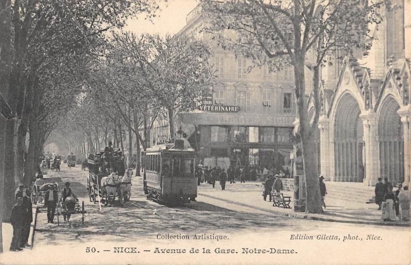 Carte postale ancienne Nice - Avenue De La Gare - Notre Dame - Tramway - Diligence à Nice