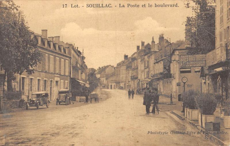 Carte postale ancienne Souillac - La Poste Et Le Boulevard à Souillac