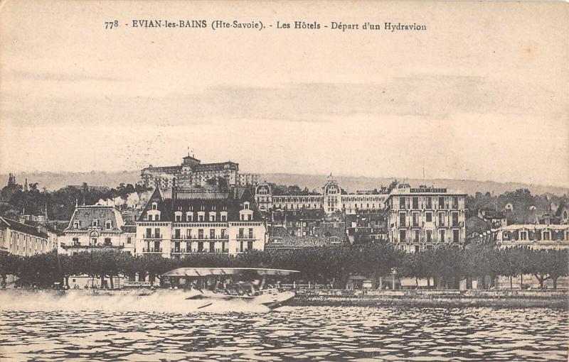 Carte postale ancienne Evian Les Bains - Les Hotels - Depart D'Un Hydravion à Évian-les-Bains