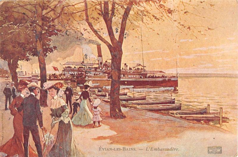 Carte postale ancienne Evian Les Bains - L'Embarcadere - Cpa Illustrateur à Évian-les-Bains