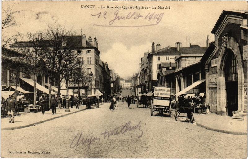 Carte postale ancienne Nancy Rue des Quatre Eglises le marche à Nancy