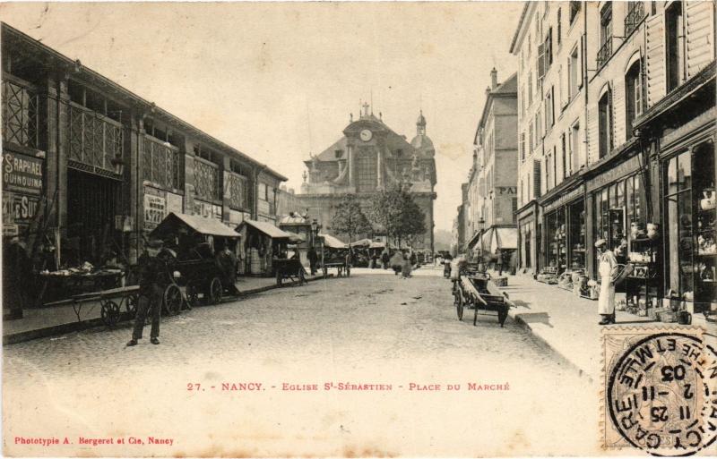 Carte postale ancienne Nancy Eglise Saint-Sebastien Place du Marche à Nancy