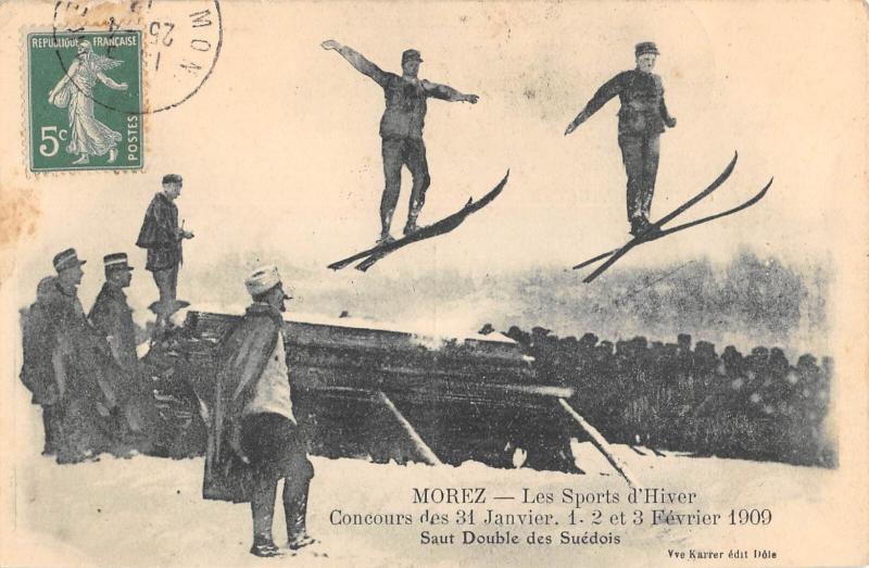 Carte postale ancienne Morez - Les Sports D'Hiver - Concours 1909 - Saut Double Des Suedois