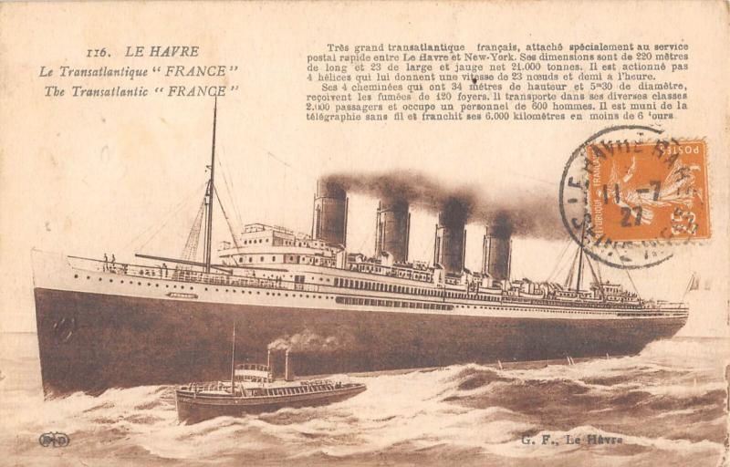 Carte postale ancienne Marine - Paquebot  - Le Havre  - Le Transatlantique - La France