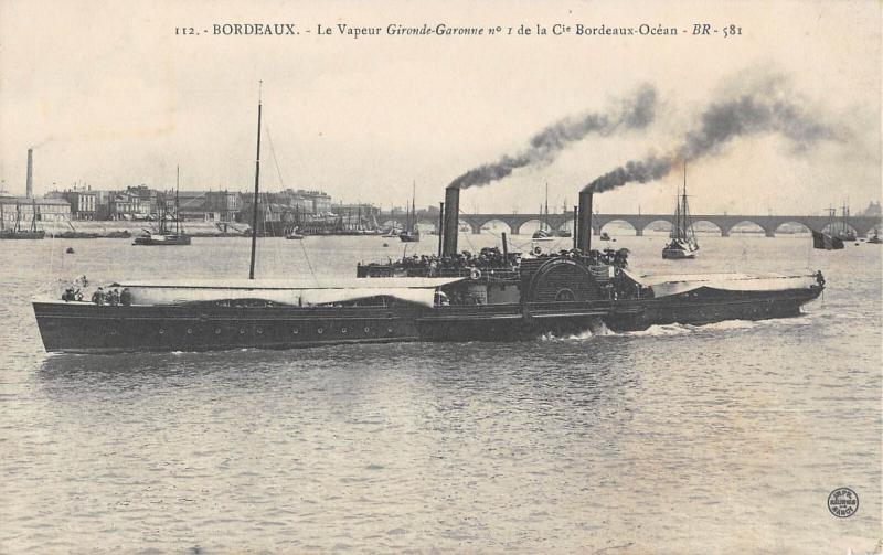Carte postale ancienne Marine - Paquebot - Bordeaux - Le Vapeur Gironde Garonne N°1 De La Cie Borde