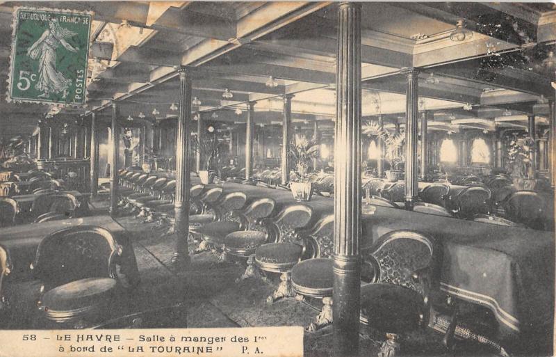 Carte postale ancienne Marine - Paquebot - Le Havre - Salle A Manger A Bord De La Touraine