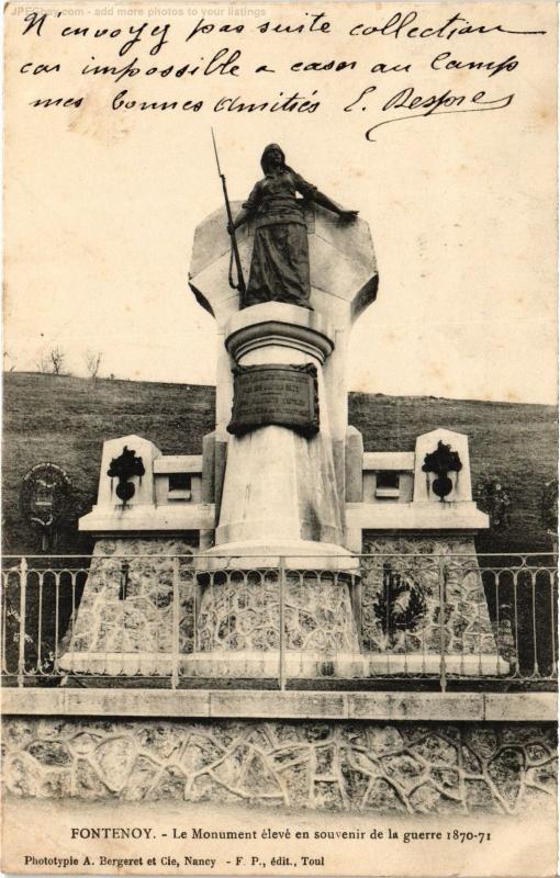 Carte postale ancienne Fontenoy Monument de la guerre