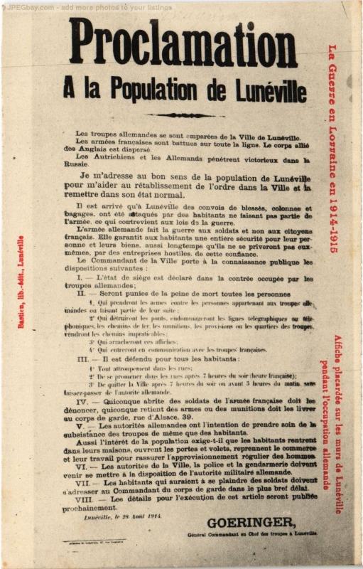 Carte postale ancienne Luneville Proclamation a la Population