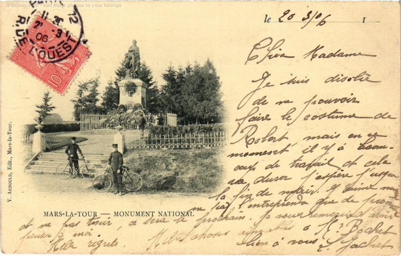 Carte postale ancienne Mars la Tour Monument National à Mars-la-Tour