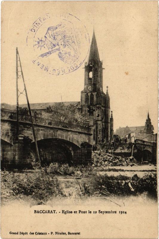 Carte postale ancienne Baccarat Eglise et Pont le 12 Septembre 1914 à Baccarat