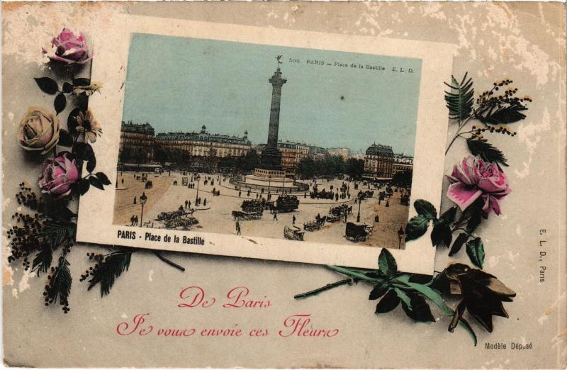 Carte postale ancienne Je vous envoie ces fleurs de Paris 11e - Place de la Bastille à Paris 11e