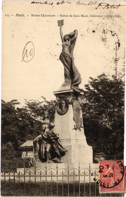 Carte postale ancienne Buttes Chaumont - Statue de Jean Macé à Paris 19e