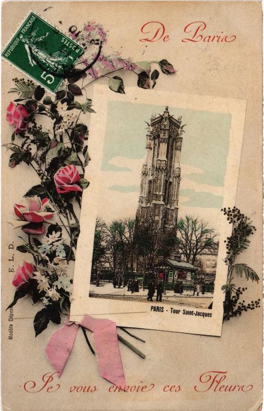 Carte postale ancienne Je vous envoie ces Fleurs de Paris 4e - Tour Saint-Jacques à Paris 4e