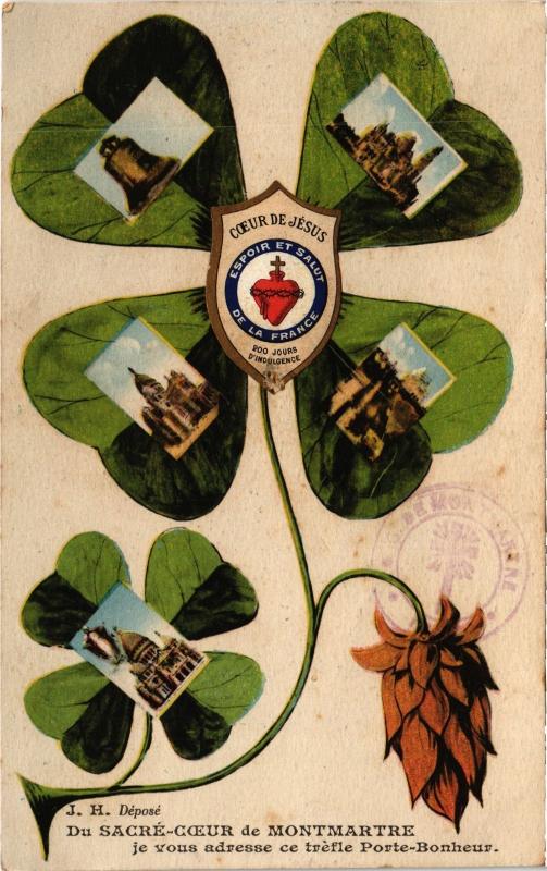 Carte postale ancienne Du Sacré-Coeur de Montmartre, je vous adresse ce trèfle Porte-Bonheur à Paris 18e