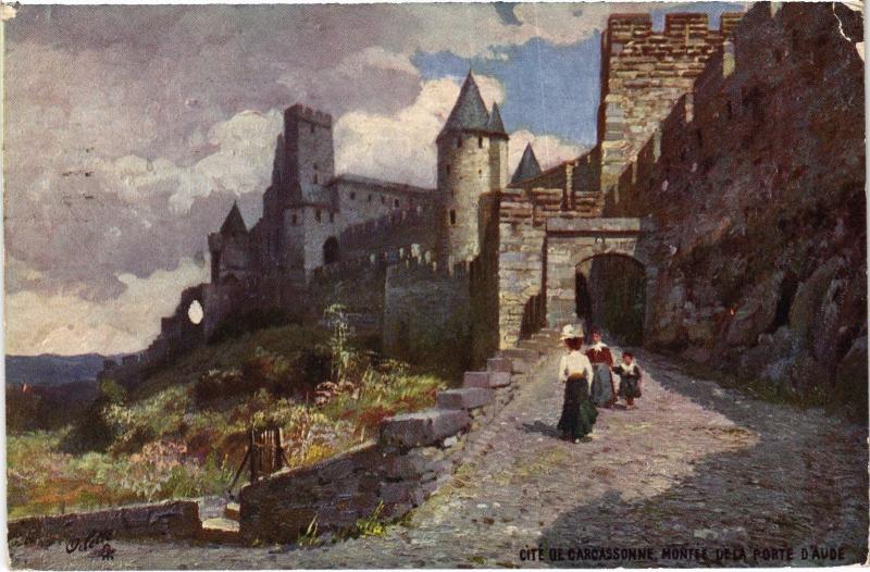 Carte postale ancienne Carcassonne Montée d.l. Porte d'Aude à Carcassonne