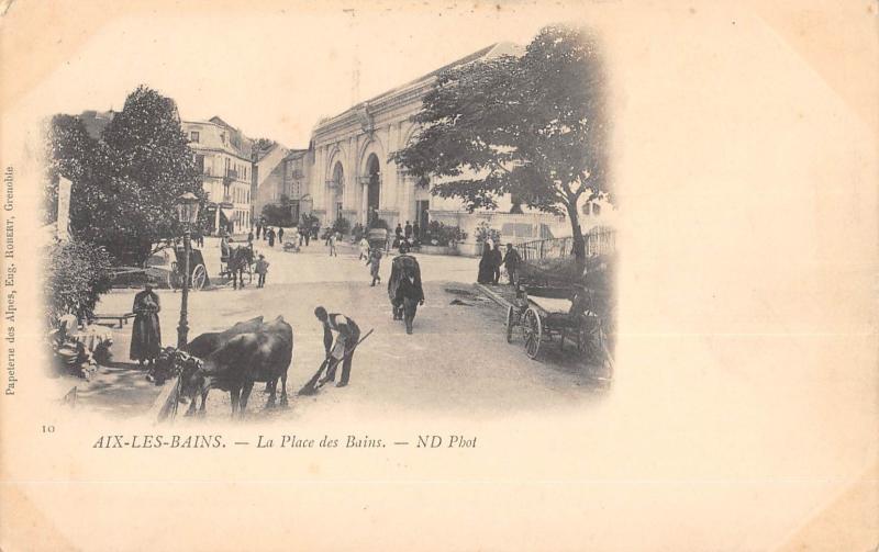 Carte postale ancienne Aix Les Bains - La Place Des Bains - Vaches à Aix-les-Bains