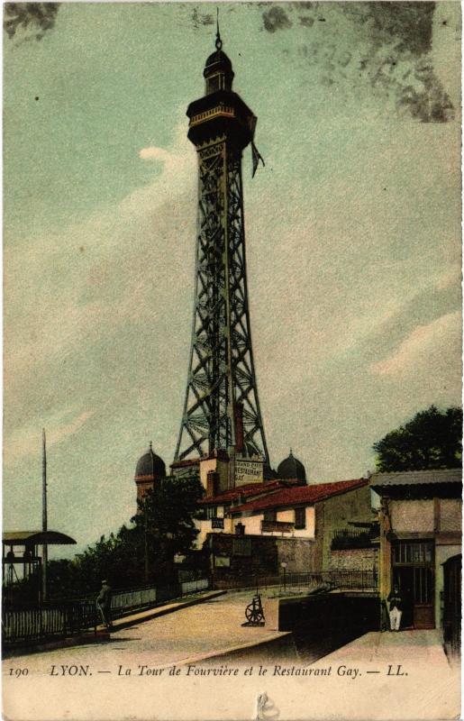 Carte postale ancienne Lyon - La Tour de Fourviere et le Restaurant Gay à Lyon