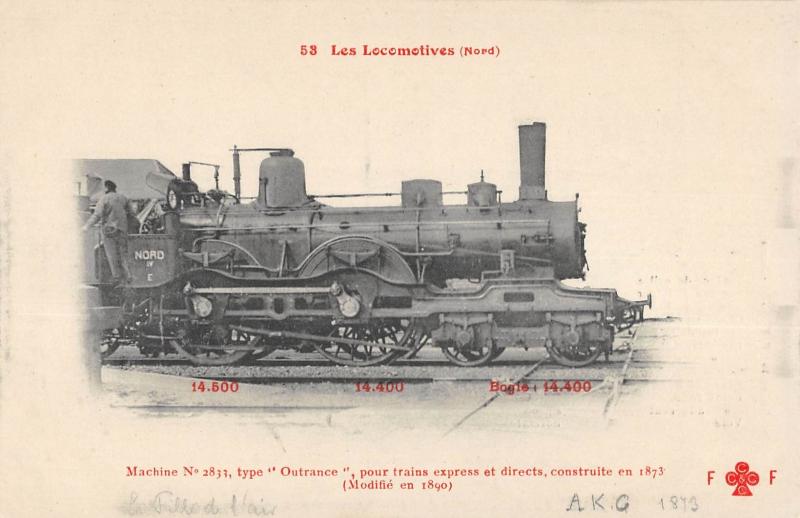 Carte postale ancienne Les Locomotives - Nord - Machine N°2833 - Type Outrance