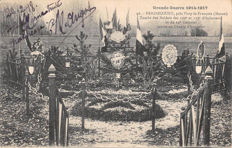 Carte postale ancienne Frignicourt - Tombe Des Soldats Des 100e Et 107e D'Infanterie Colonial à Frignicourt