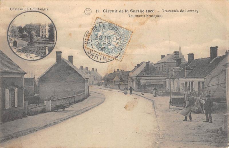 Carte postale ancienne Circuit De La Sarthe 1906 - Traversee De Lamnay à Lamnay