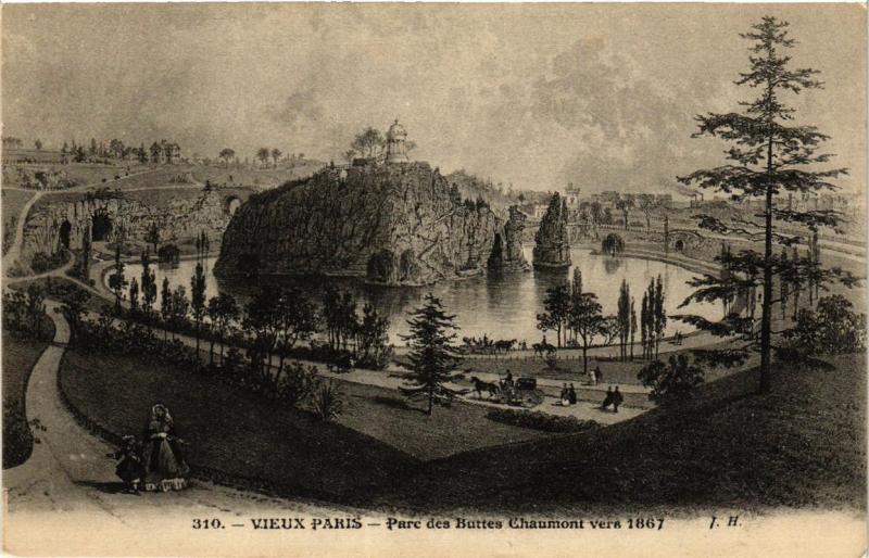 Carte postale ancienne Parc des Buttes Chaumont vers 1867 à Paris 19e