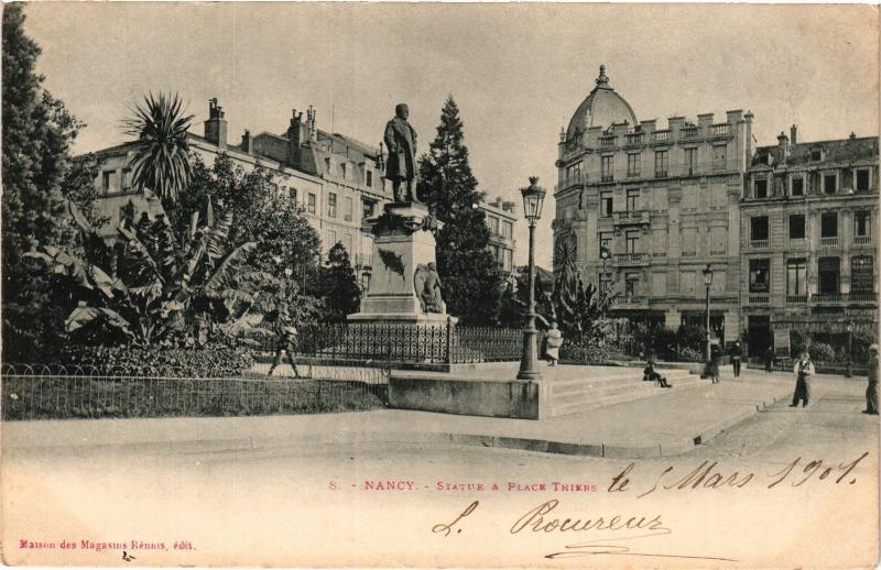 Carte postale ancienne Nancy-Statue & Place Thiers à Nancy