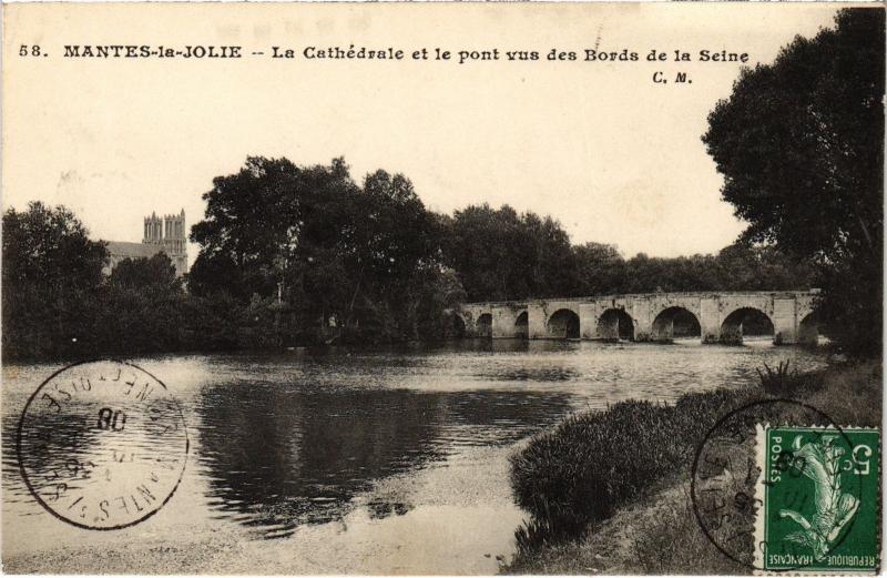 Carte postale ancienne Mantes la Jolie La Cathedrale et le pont France à Mantes-la-Jolie