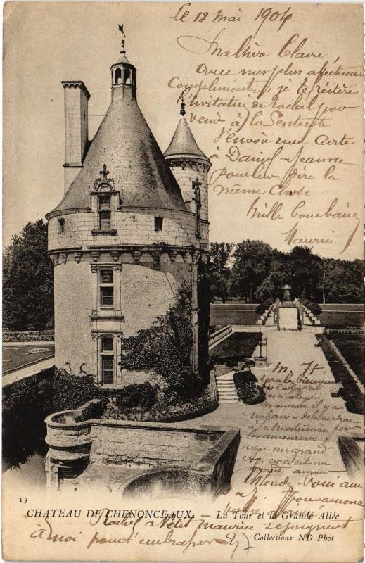 Carte postale ancienne Chenonceaux Chateau, La Tour et la Grande Allee France à Chenonceaux
