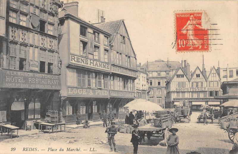 Carte postale ancienne Reims - Place Du Marche - Restaurant Rene Hamme à Reims