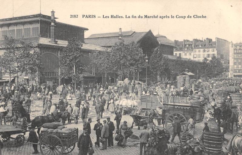 Carte postale ancienne Paris - Les Halles - La Fin Du Marche Apres Le Coup De Cloche à Paris