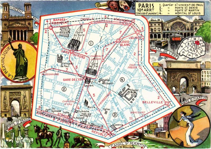 Carte postale ancienne Paris 10e map, carte à Paris 10e