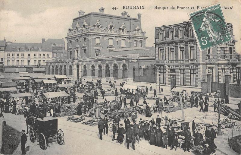 Carte postale ancienne Roubaix - Banque De France Et Place De La Liberte à Roubaix