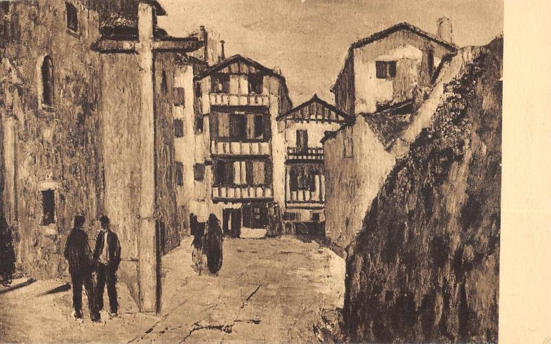 Carte postale ancienne Pays Basque - Cpa Illustrateur - Parvis De L'Eglise De Ciboure à Ciboure
