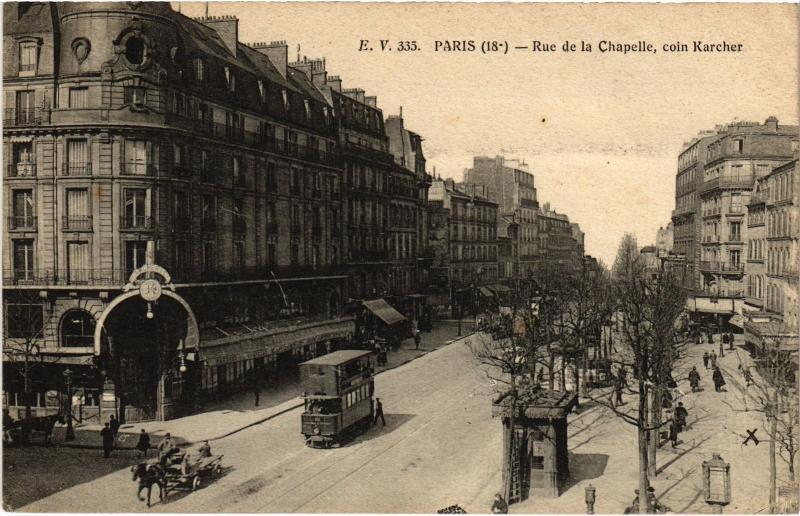 Carte postale ancienne Rue de la Chapelle coin Karcher à Paris 18e