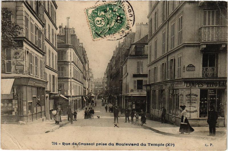 Carte postale ancienne Paris 11e Rue de Crussol Bd du Temple à Paris 11e