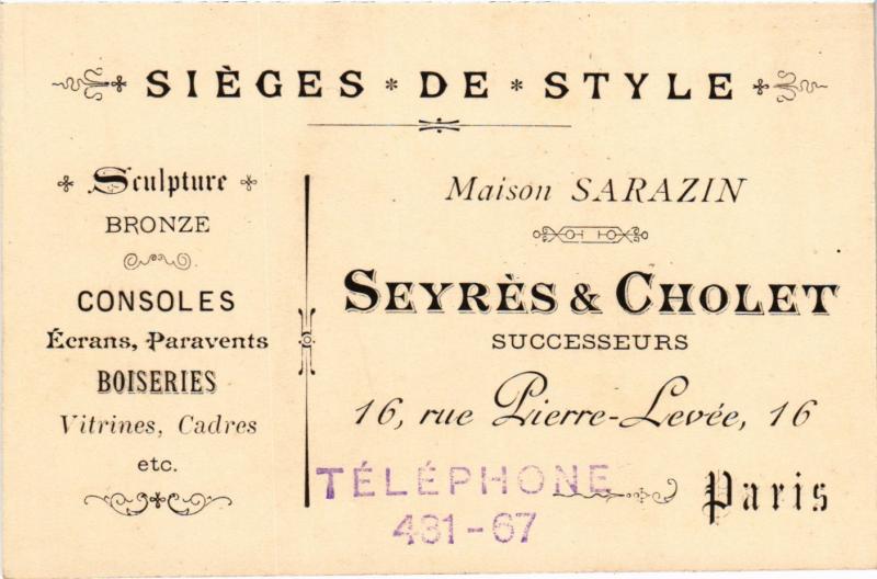Carte postale ancienne Paris 11e 16, rue Pierre-Levée Seyres et Cholet Advertisement à Paris 11e