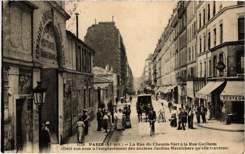 Carte postale ancienne Paris 11e Rue du Chemin-Vert Rue Guilhem à Paris 11e