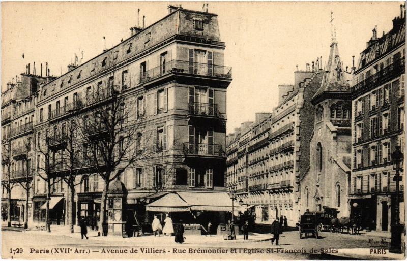 Carte postale ancienne Avenue de Villiers - Rue Brémontier et l'Eglise Saint-Francois de Sales à Paris 17e