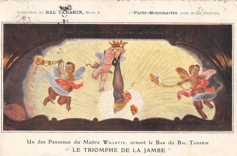 Carte postale ancienne Un des Panneaux du Maître Willette, ornant le Bar du Bal Tabarin - Le Triomphe de la Jambe à Paris 9e