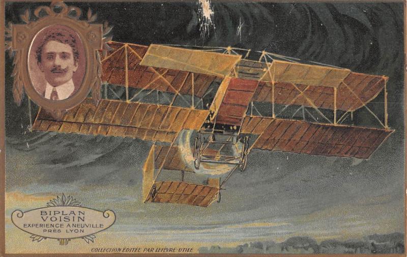 Carte postale ancienne Aviation - Biplan Voisin - Experience A Neuville Pres Lyon - Publicite Lefev