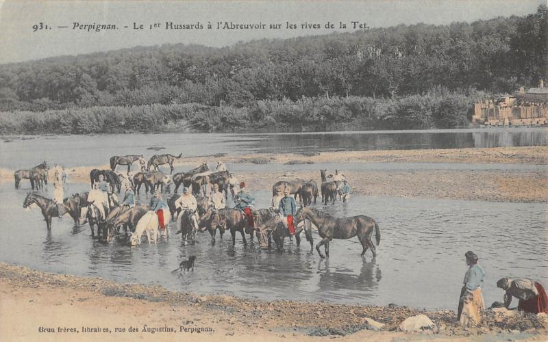 Carte postale ancienne Perpignan - Le 1er Hussards A L'Abreuvoir Sur Les Rives De La Tet à Perpignan