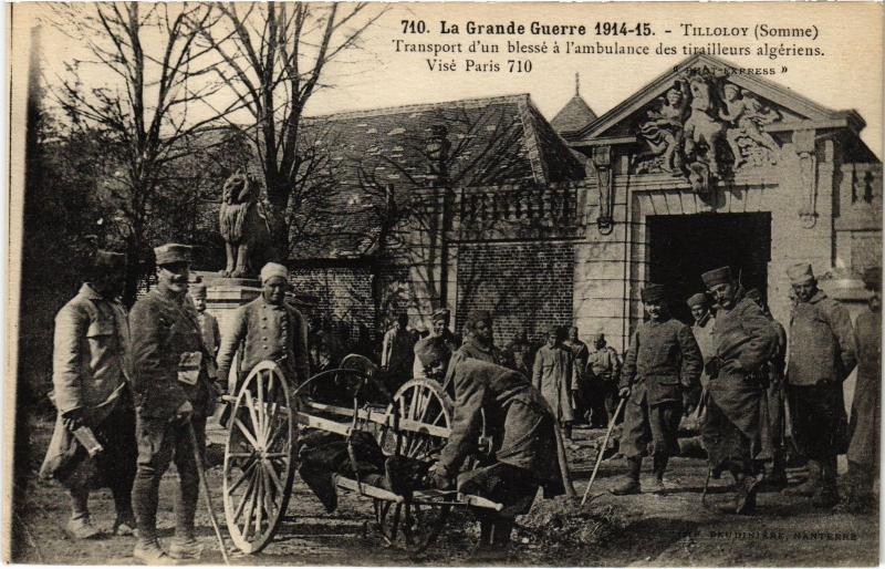 Carte postale ancienne Tilloloy transport d'un blesse a l'ambulance à Tilloloy