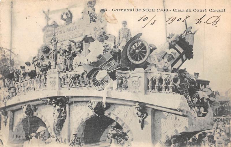 Carte postale ancienne Carnaval De Nice 1908 - Char Du Court Circuit