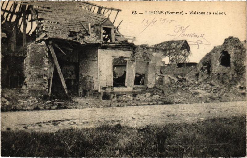 Carte postale ancienne Lihons Maisons en ruines à Lihons