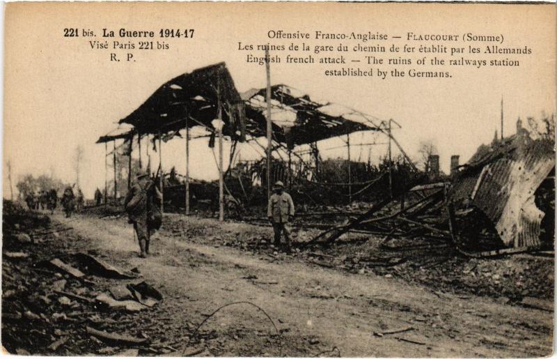 Carte postale ancienne Flaucourt ruines de la gare à Flaucourt